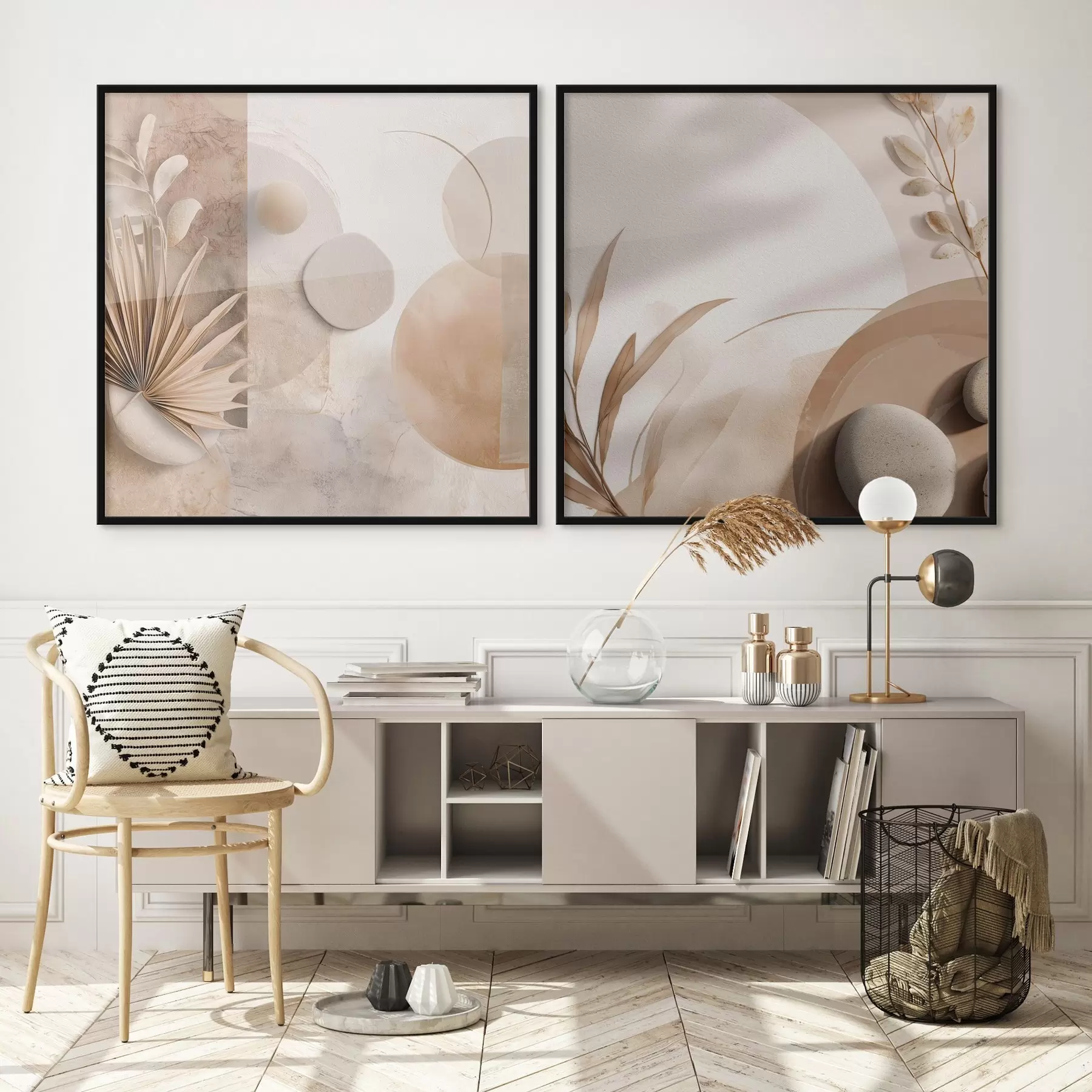 Papier peint Deux toiles avec des feuilles séchées et des formes texturées d00893