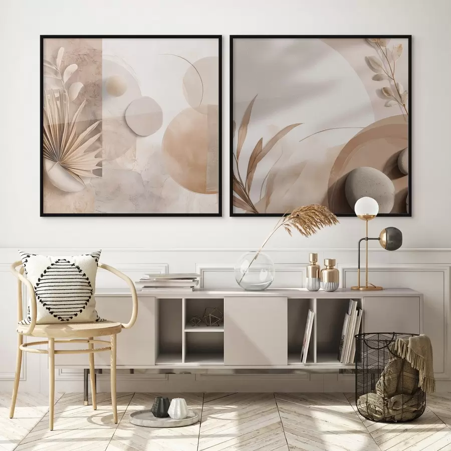 Papier peint Deux toiles avec des feuilles séchées et des formes texturées d00893