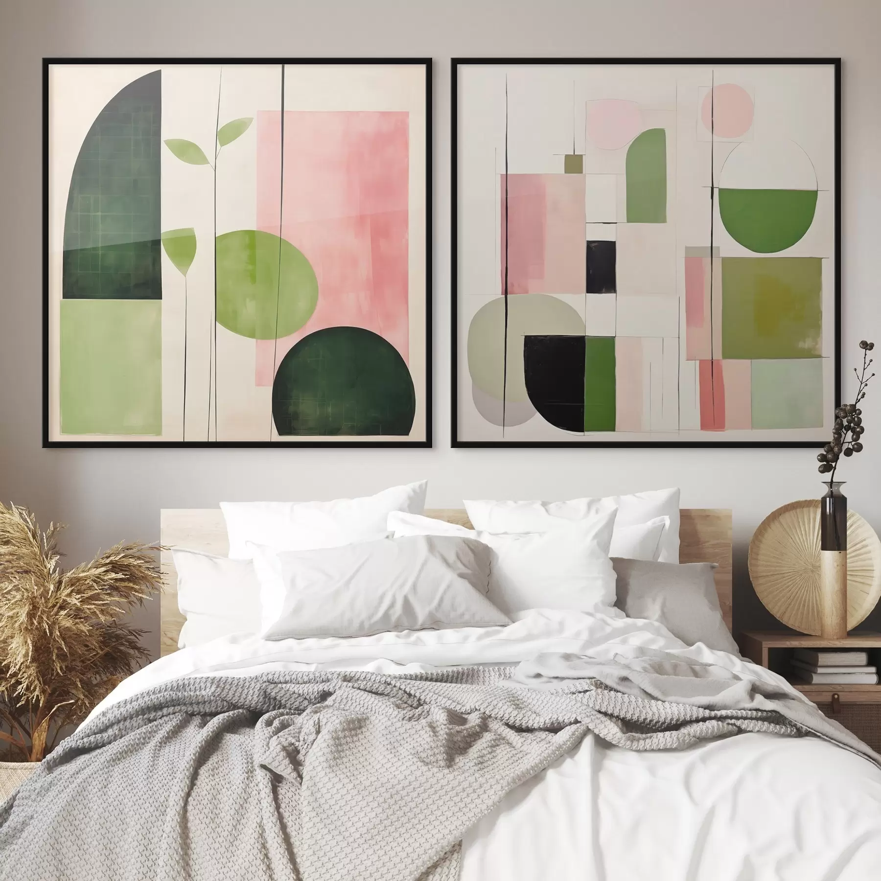 Papier peint Diptyque minimaliste avec motifs floraux stylisés et géométriques d00894