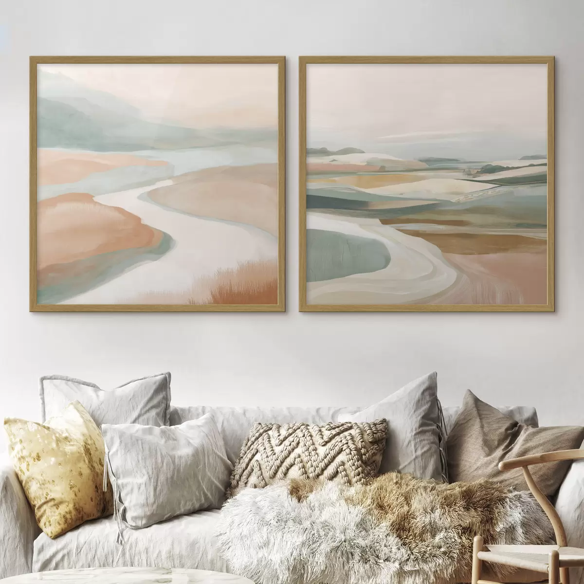 Poster Collines abstraites et rivière dans une palette pastel d00896