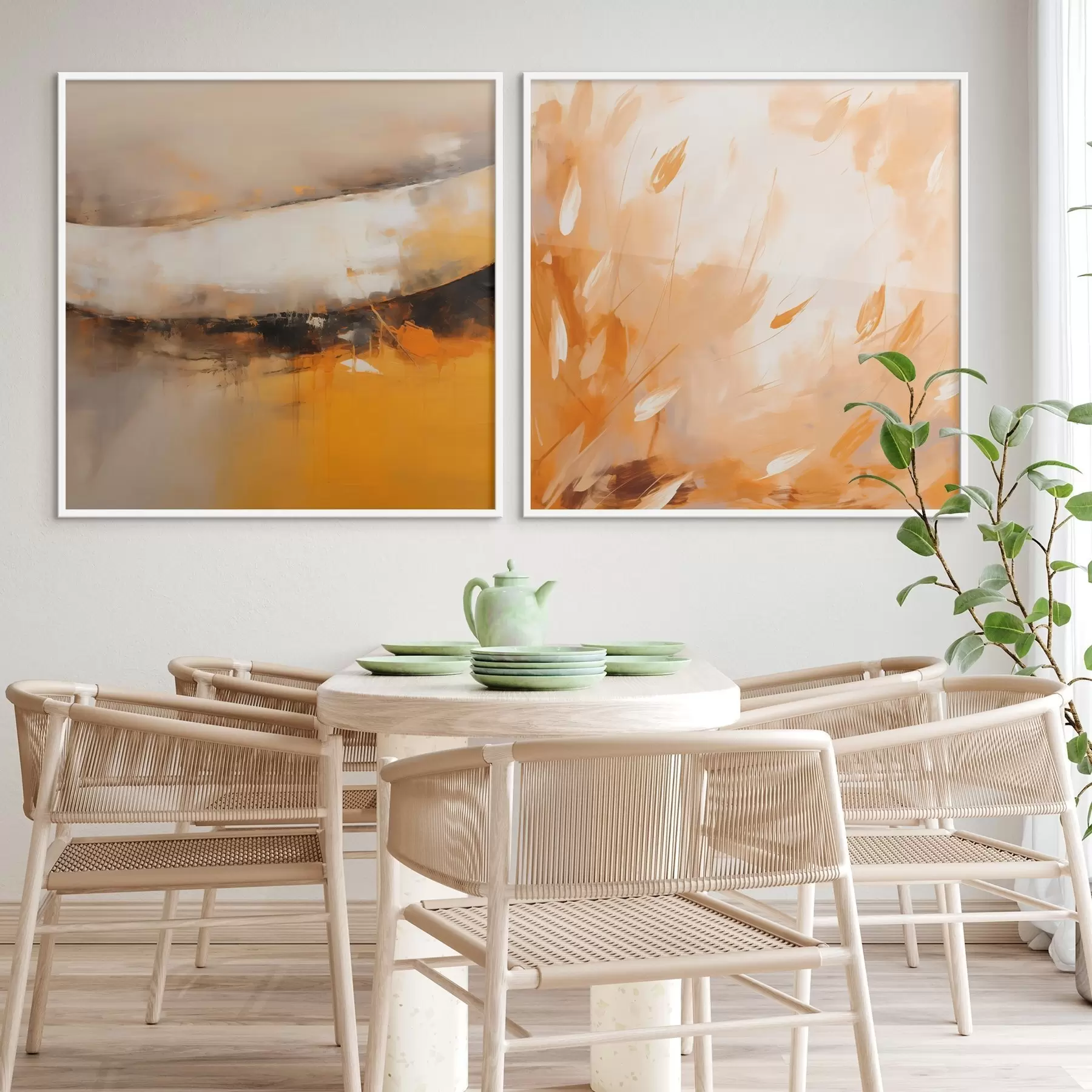 Papier peint Diptyque abstrait dans un style huileux avec des tons jaune-orange et noir d00897