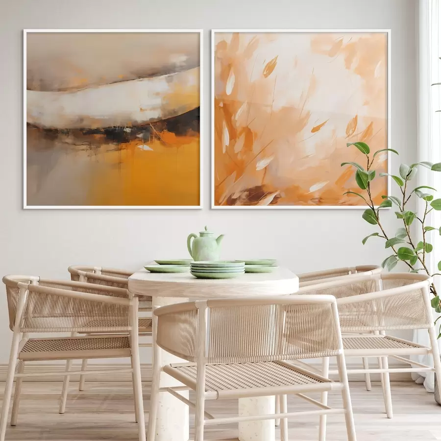 Papier peint Diptyque abstrait dans un style huileux avec des tons jaune-orange et noir d00897