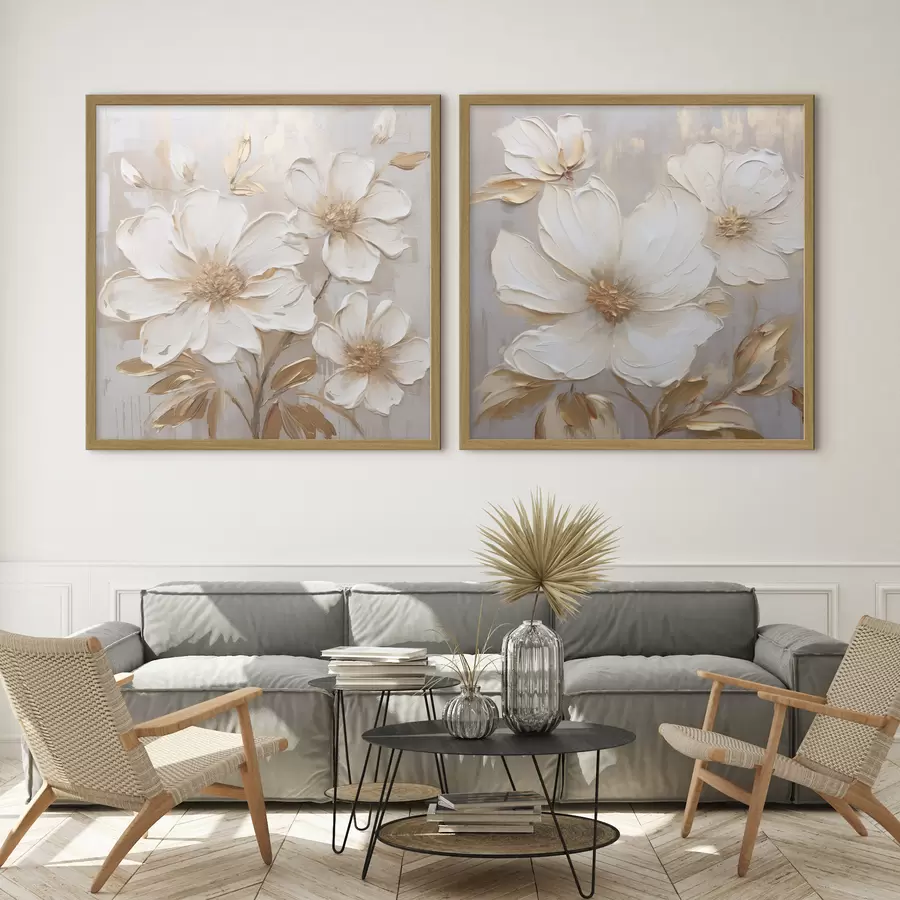 Papier peint Diptyque avec de grandes fleurs aux couleurs chaudes et claires d00927
