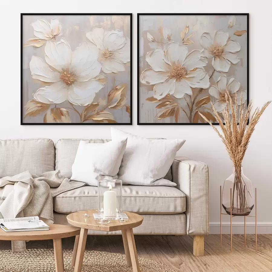 Papier peint Diptyque avec de grandes fleurs aux couleurs chaudes et claires d00927