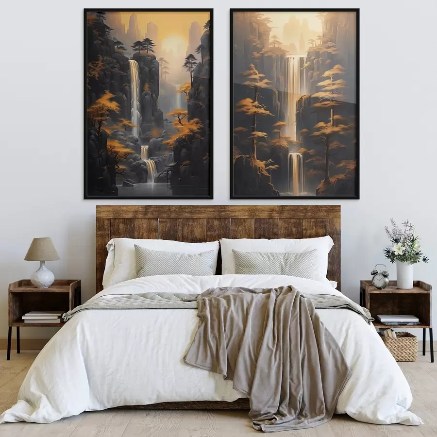 Papier peint Paysage avec cascade et montagnes baignés d'une lumière dorée d00928