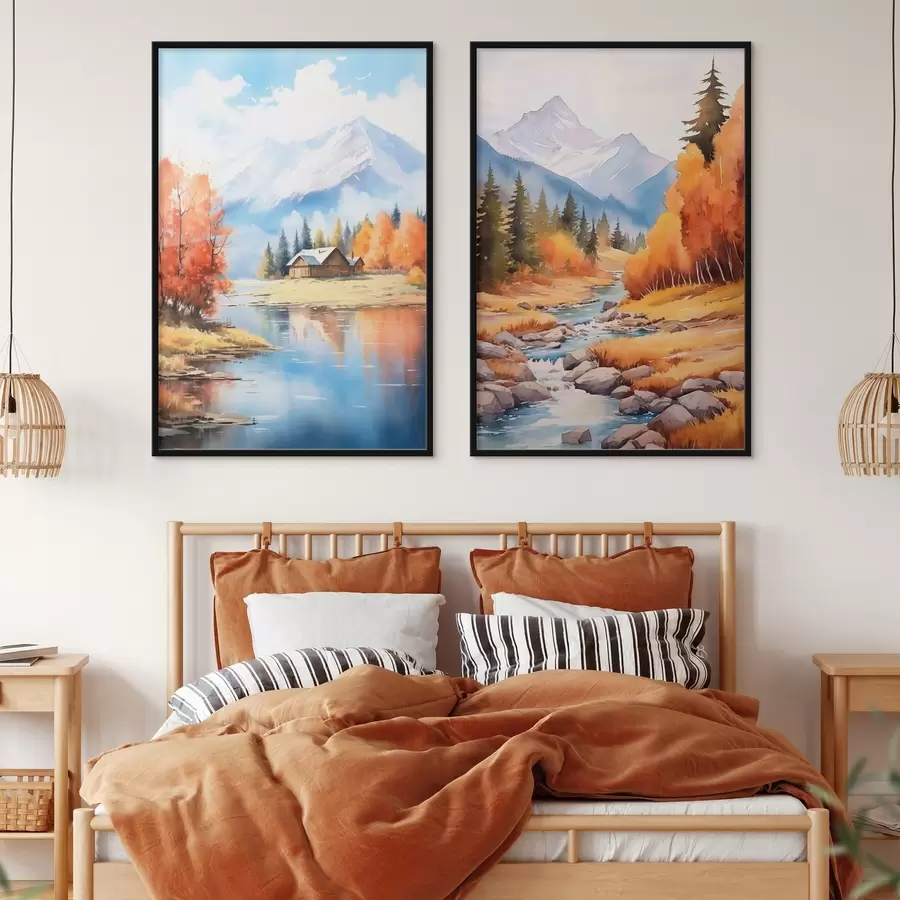 Papier peint Paysage montagneux automnal avec lac et rivière d00929