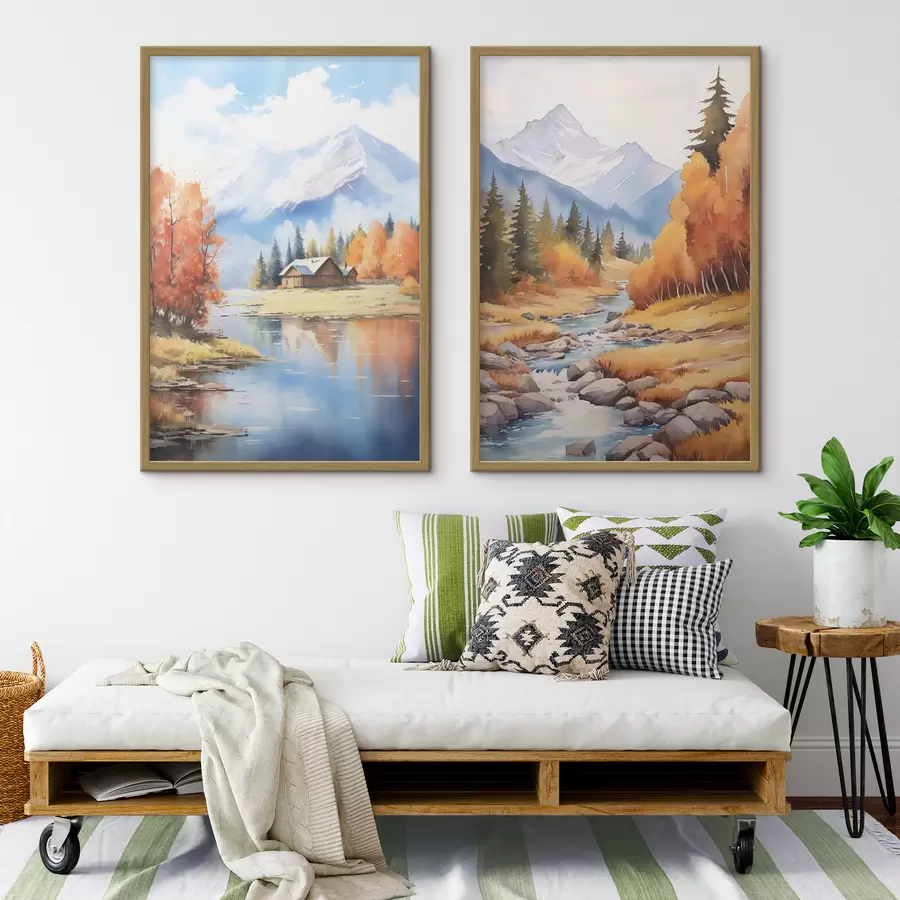 Papier peint Paysage montagneux automnal avec lac et rivière d00929