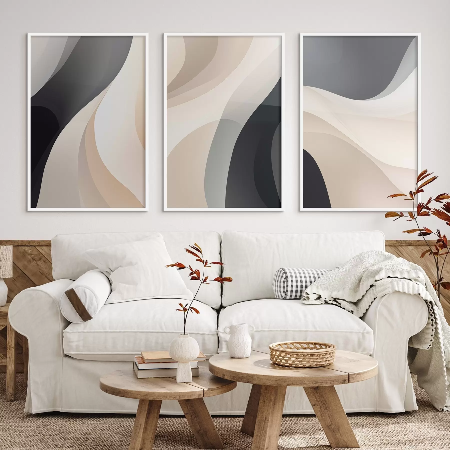 Papier peint Courbes fluides minimalistes dans les tons crème, taupe et noir d00962