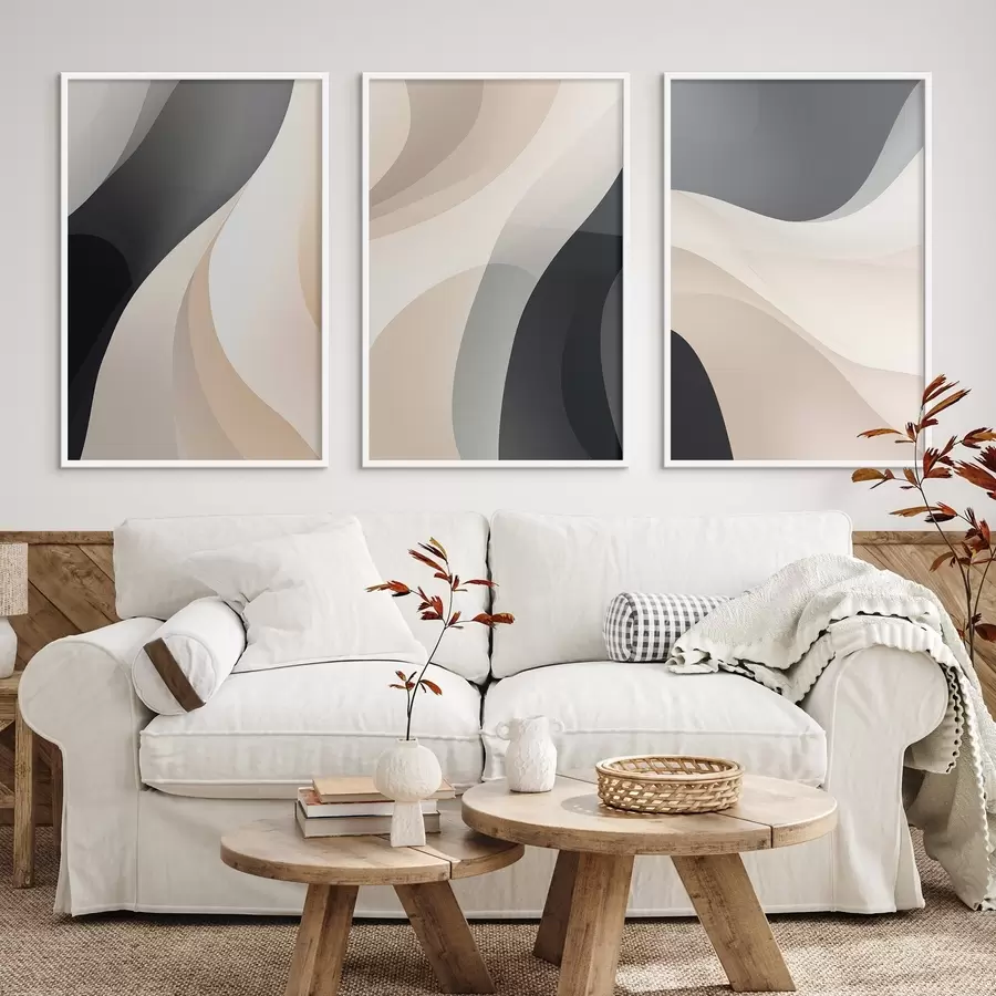 Papier peint Courbes fluides minimalistes dans les tons crème, taupe et noir d00962