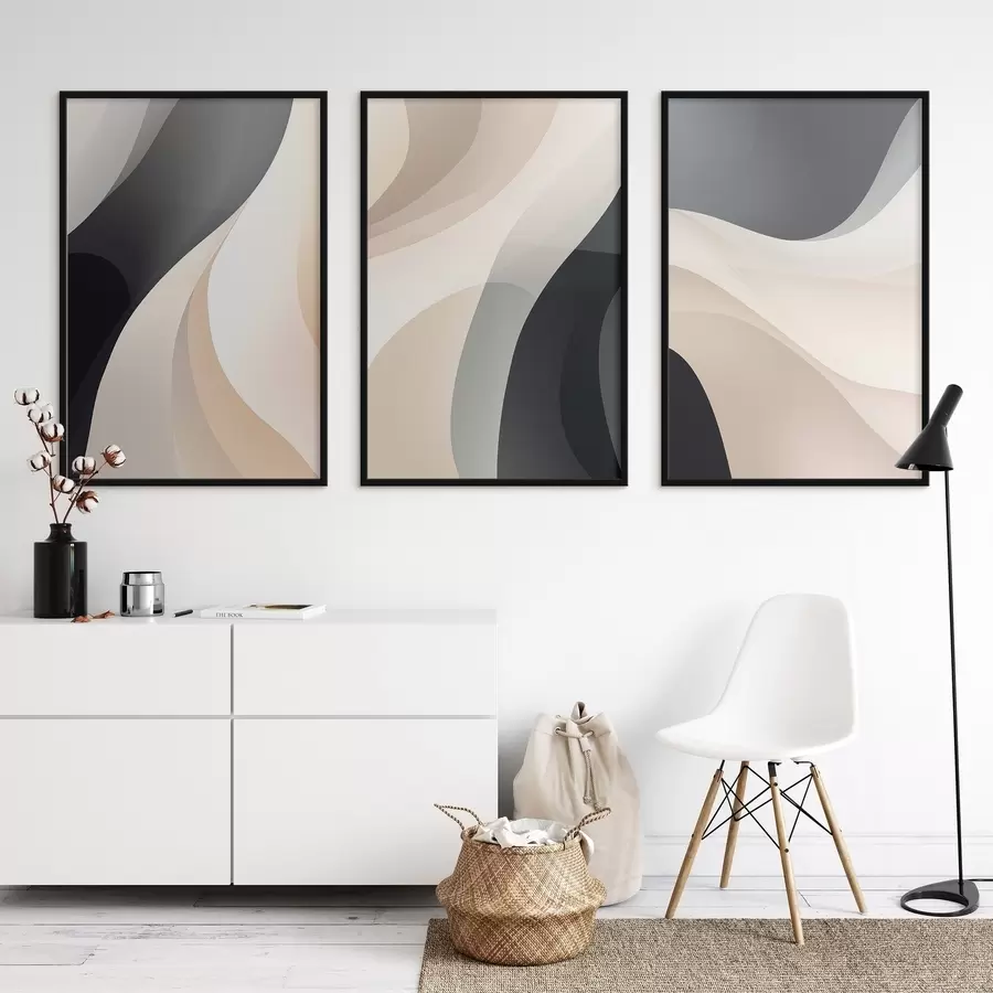 Papier peint Courbes fluides minimalistes dans les tons crème, taupe et noir d00962