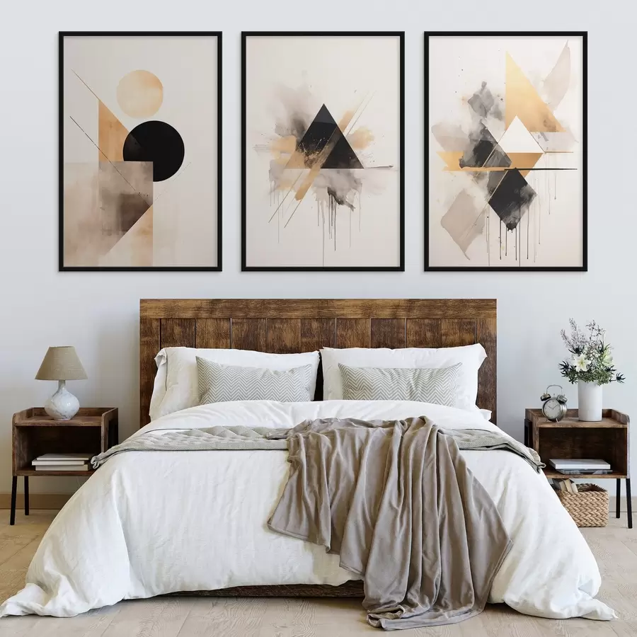 Papier peint Triangles géométriques avec éclaboussures d'encre, noir et ocre d00963