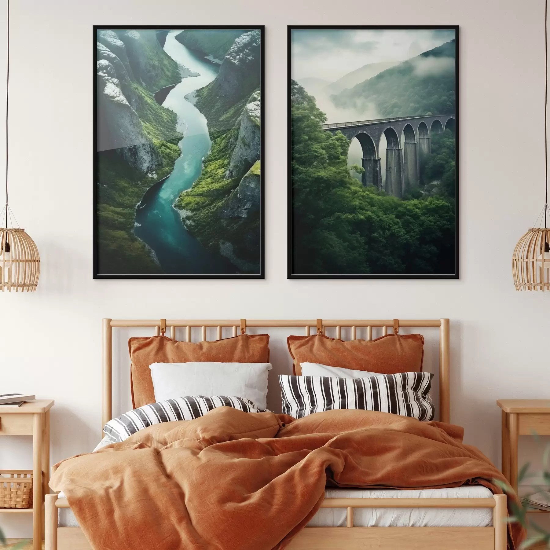 Papier peint Canyon aérien et viaduc brumeux dans les collines verdoyantes d00967