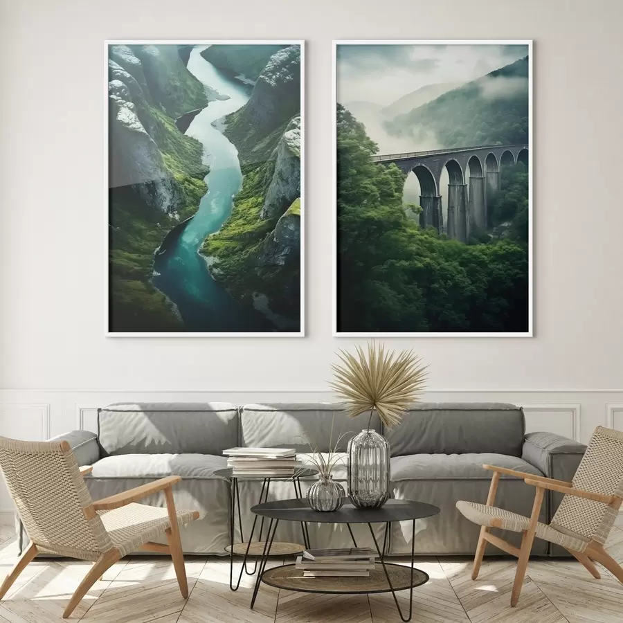 Papier peint Canyon aérien et viaduc brumeux dans les collines verdoyantes d00967