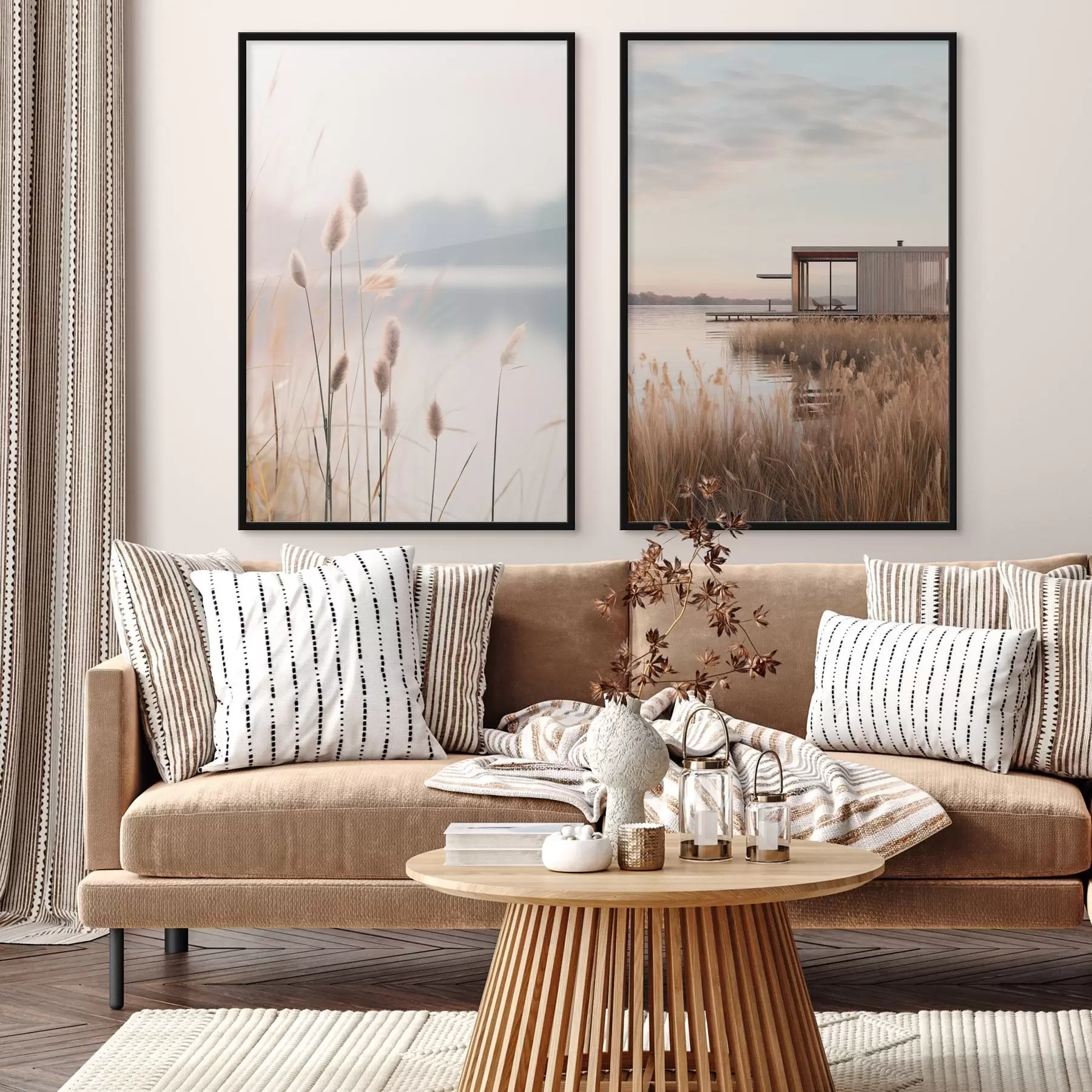 Papier peint Des roseaux souples au bord d'un lac calme et une cabane moderne sur la rive d00970