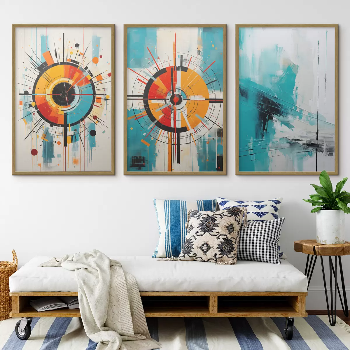 Poster Abstrait radial avec éclats bleu sarcelle et orange d00973