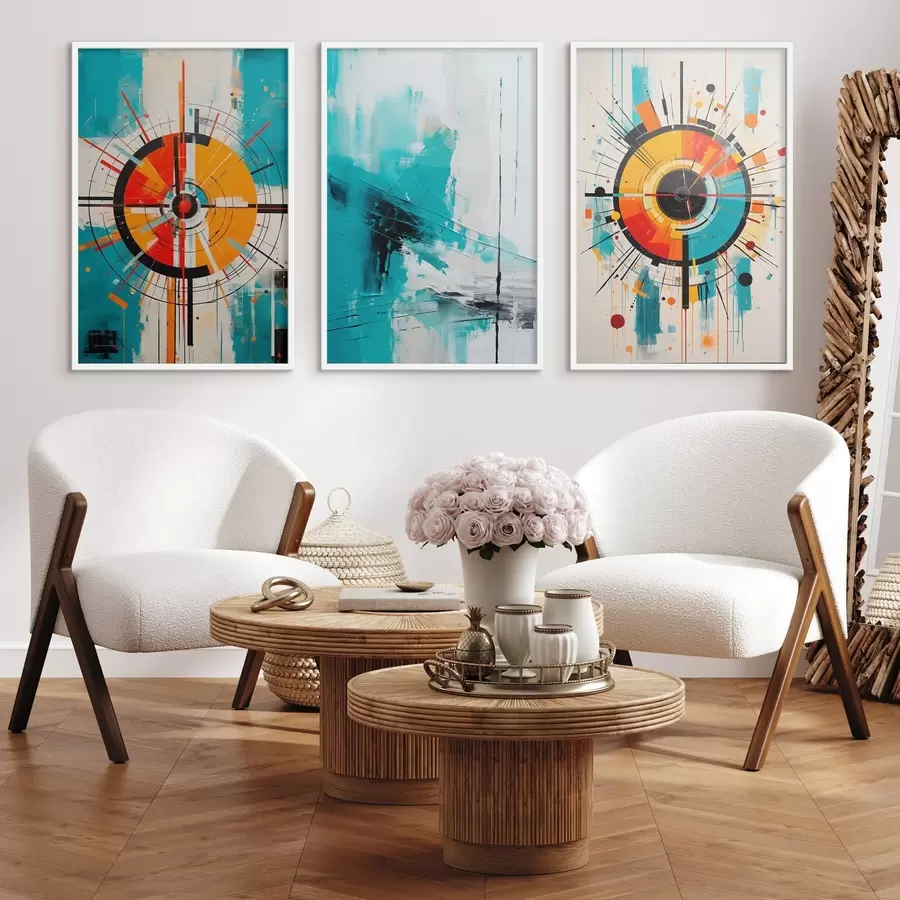 Papier peint Abstrait radial avec éclats bleu sarcelle et orange d00973