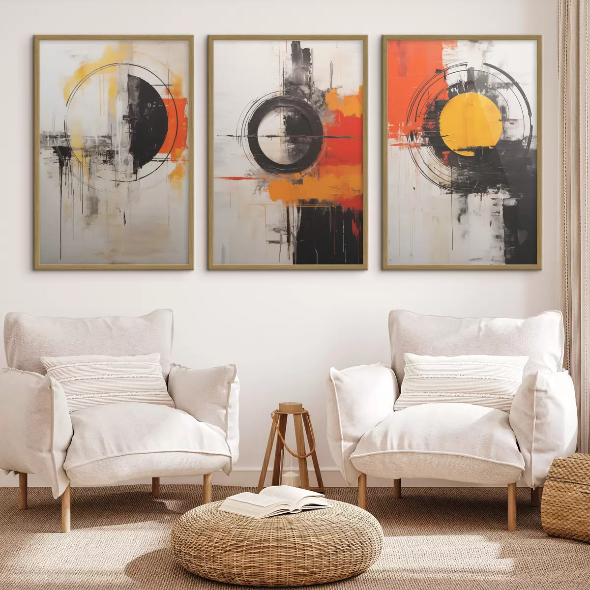 Poster Cercles texturés et traits audacieux en noir, ocre et orange d00974