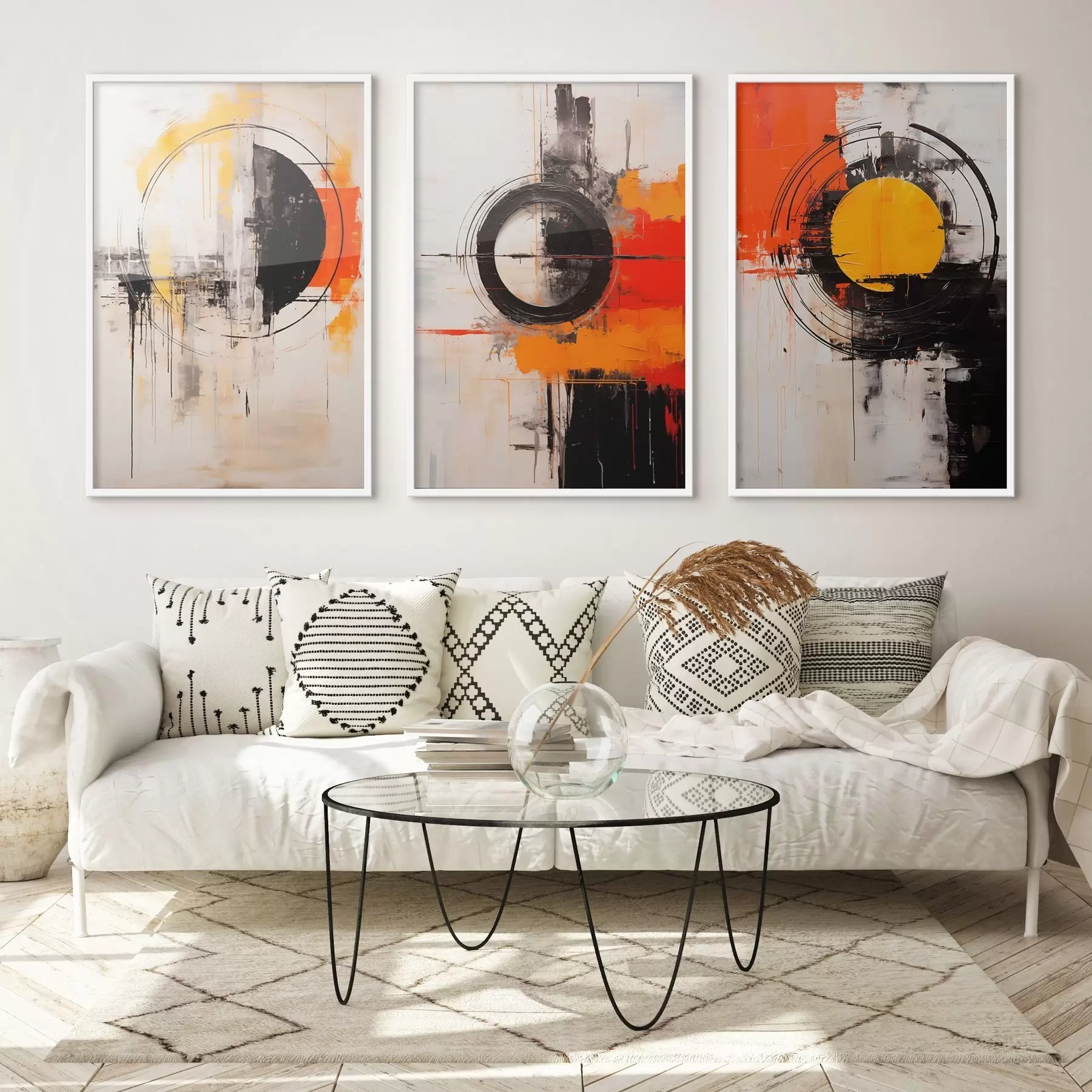 Papier peint Cercles texturés et traits audacieux en noir, ocre et orange d00974