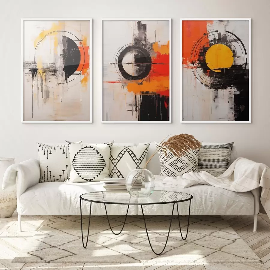 Papier peint Cercles texturés et traits audacieux en noir, ocre et orange d00974