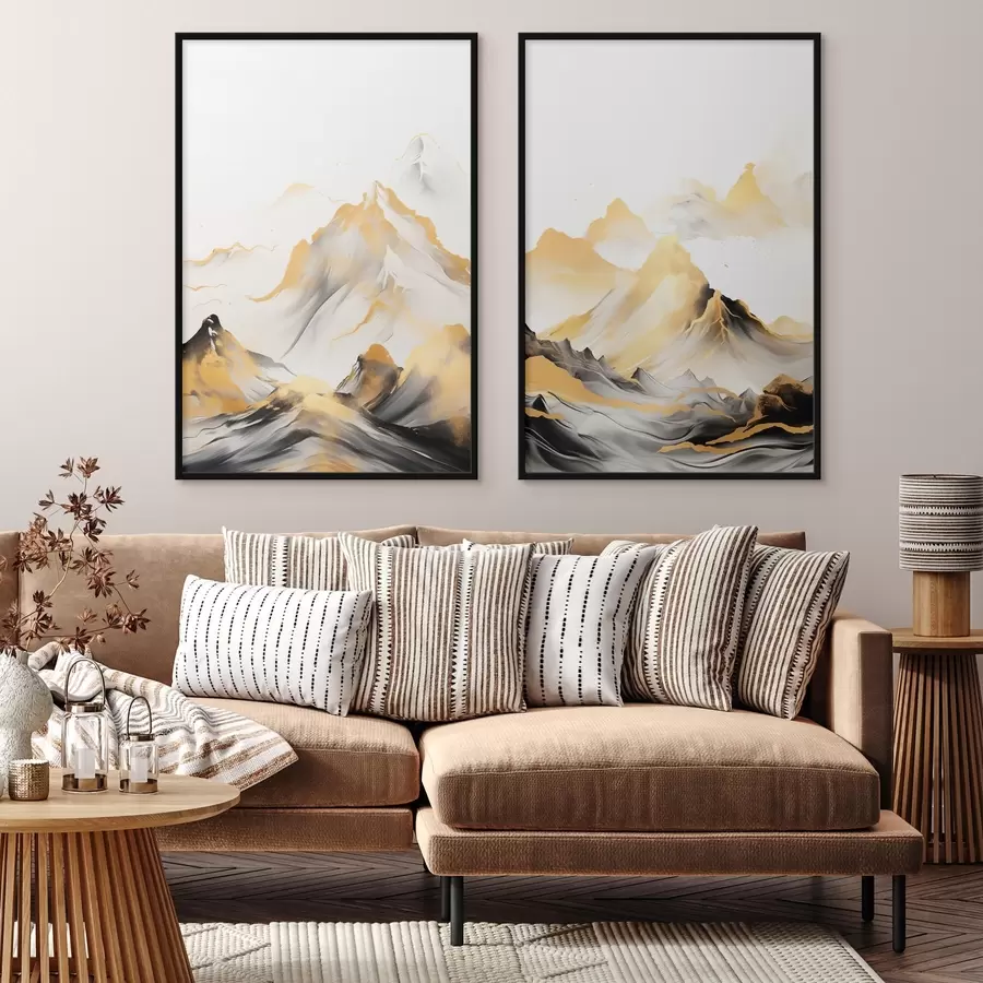 Papier peint Montagnes texturées jaunes et noires aux sommets enneigés, style peinture à l'encre, chaîne de montagnes minimaliste d01002