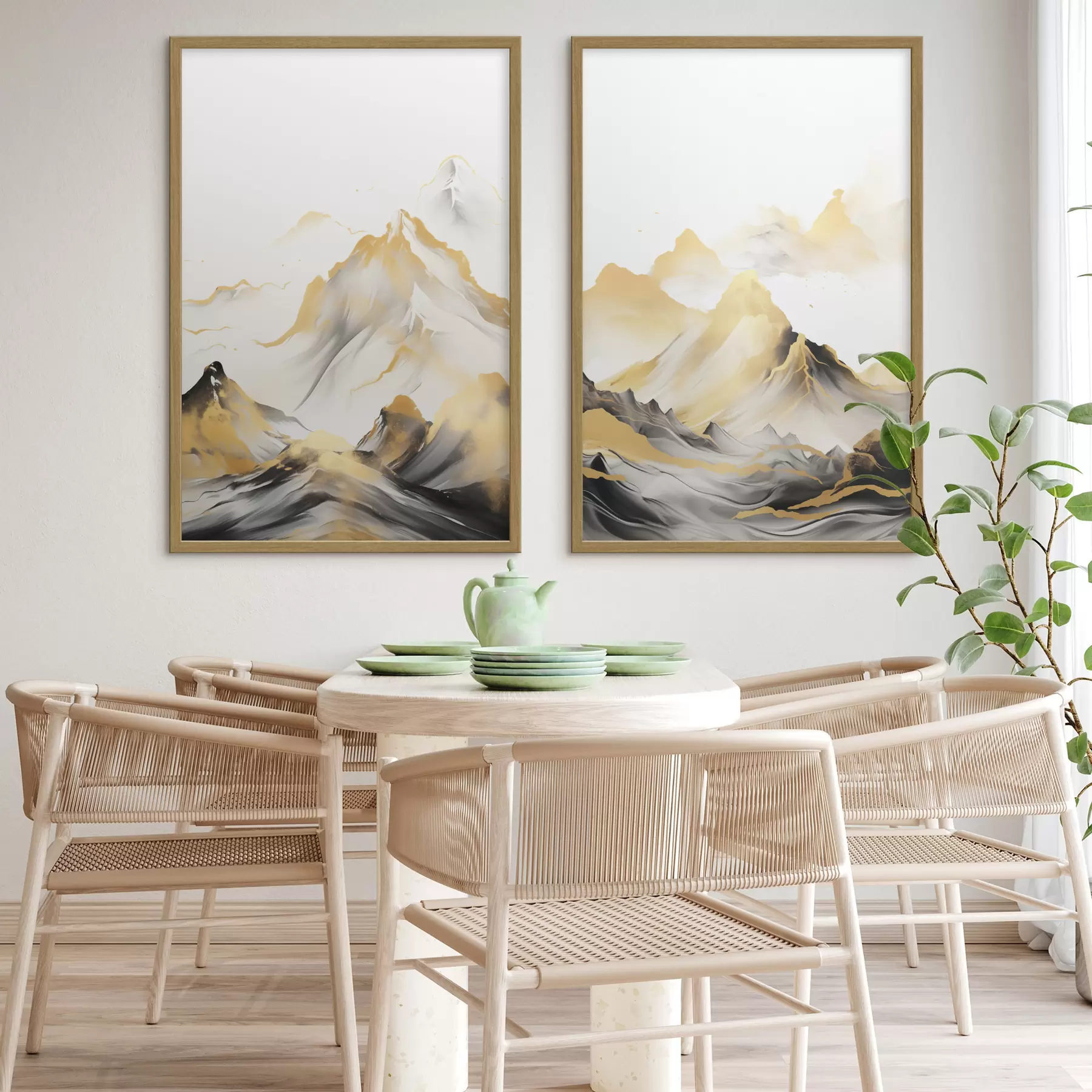 Papier peint Montagnes texturées jaunes et noires aux sommets enneigés, style peinture à l'encre, chaîne de montagnes minimaliste d01002