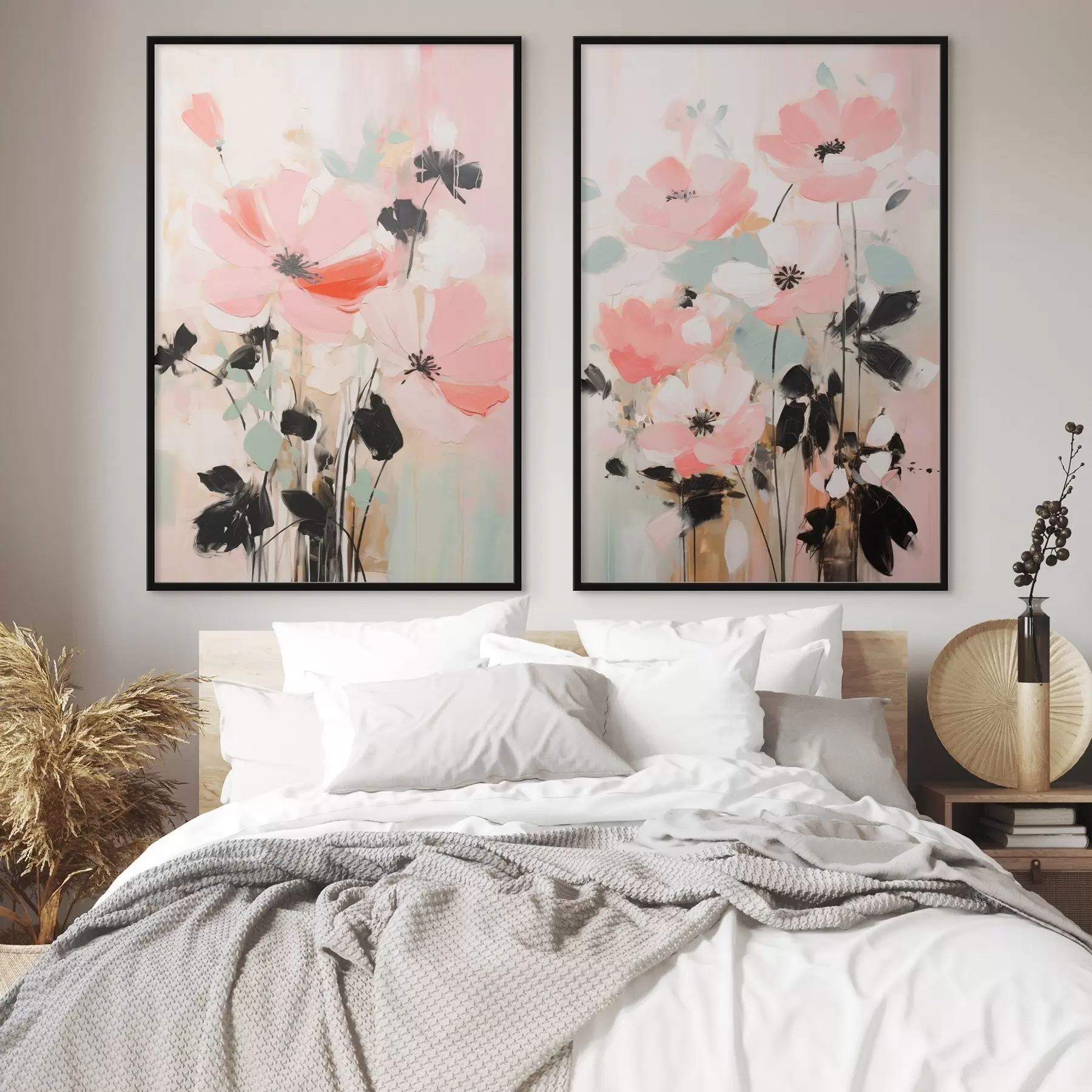 Papier peint Fleurs roses et noires avec des feuilles, couleurs pastel douces, composition florale abstraite, art minimaliste d01004