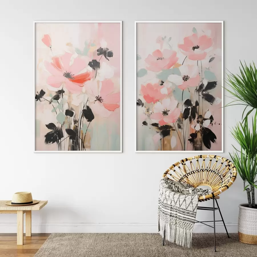 Papier peint Fleurs roses et noires avec des feuilles, couleurs pastel douces, composition florale abstraite, art minimaliste d01004