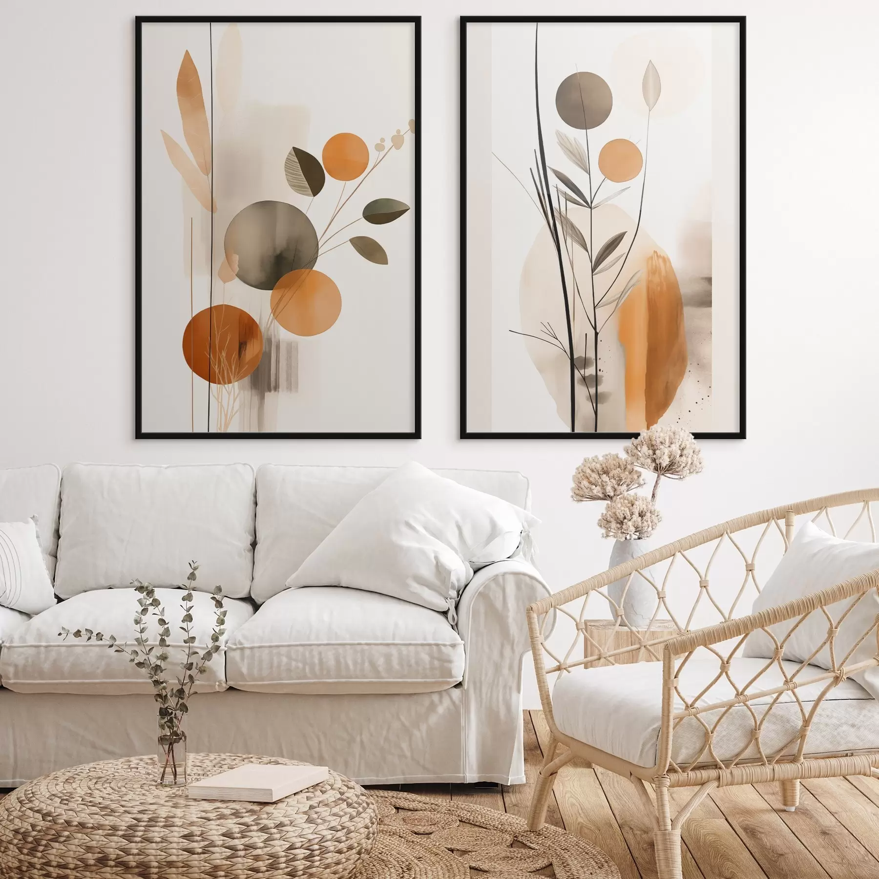 Papier peint Imitation de peinture abstraite avec des cercles orange et gris, des feuilles et des branches, style moderne, effet aquarelle d01009