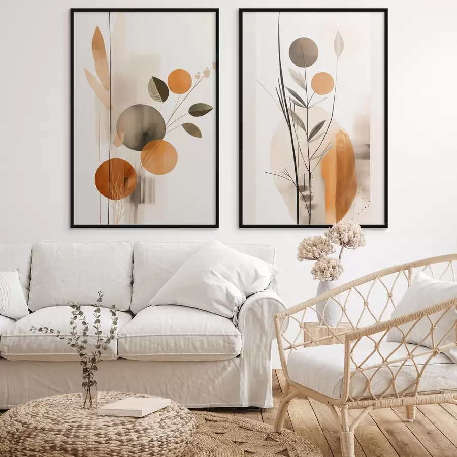 Papier peint Imitation de peinture abstraite avec des cercles orange et gris, des feuilles et des branches, style moderne, effet aquarelle d01009