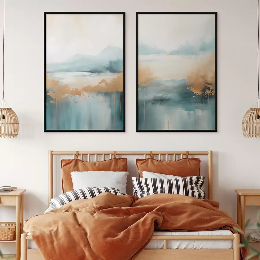 Papier peint Paysage abstrait avec montagnes et lac dans des tons bleu sarcelle et jaune texturé, coups de pinceau doux, œuvre minimaliste d01012