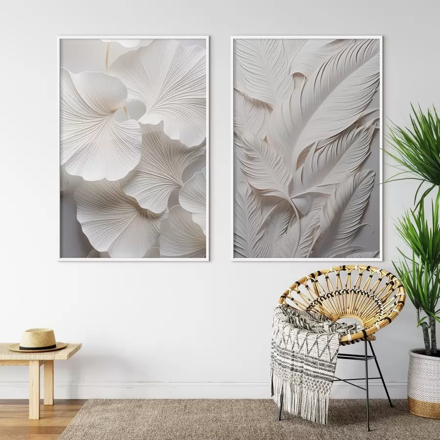 Papier peint Feuilles de ginkgo blanches et longues feuilles aux détails complexes, créant un effet texturé et stratifié, art minimaliste. d01013