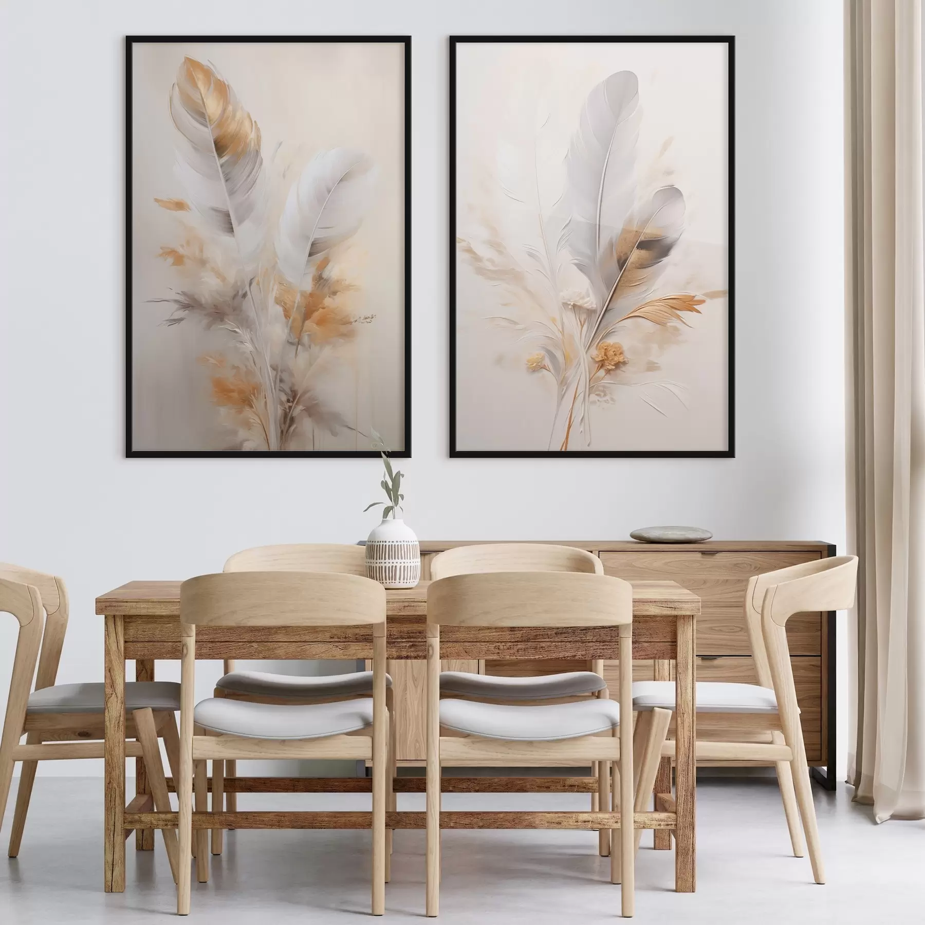 Papier peint Plumes abstraites, entourées de plumes beiges et brunes, douces et délicates, sur un fond beige clair. d01016