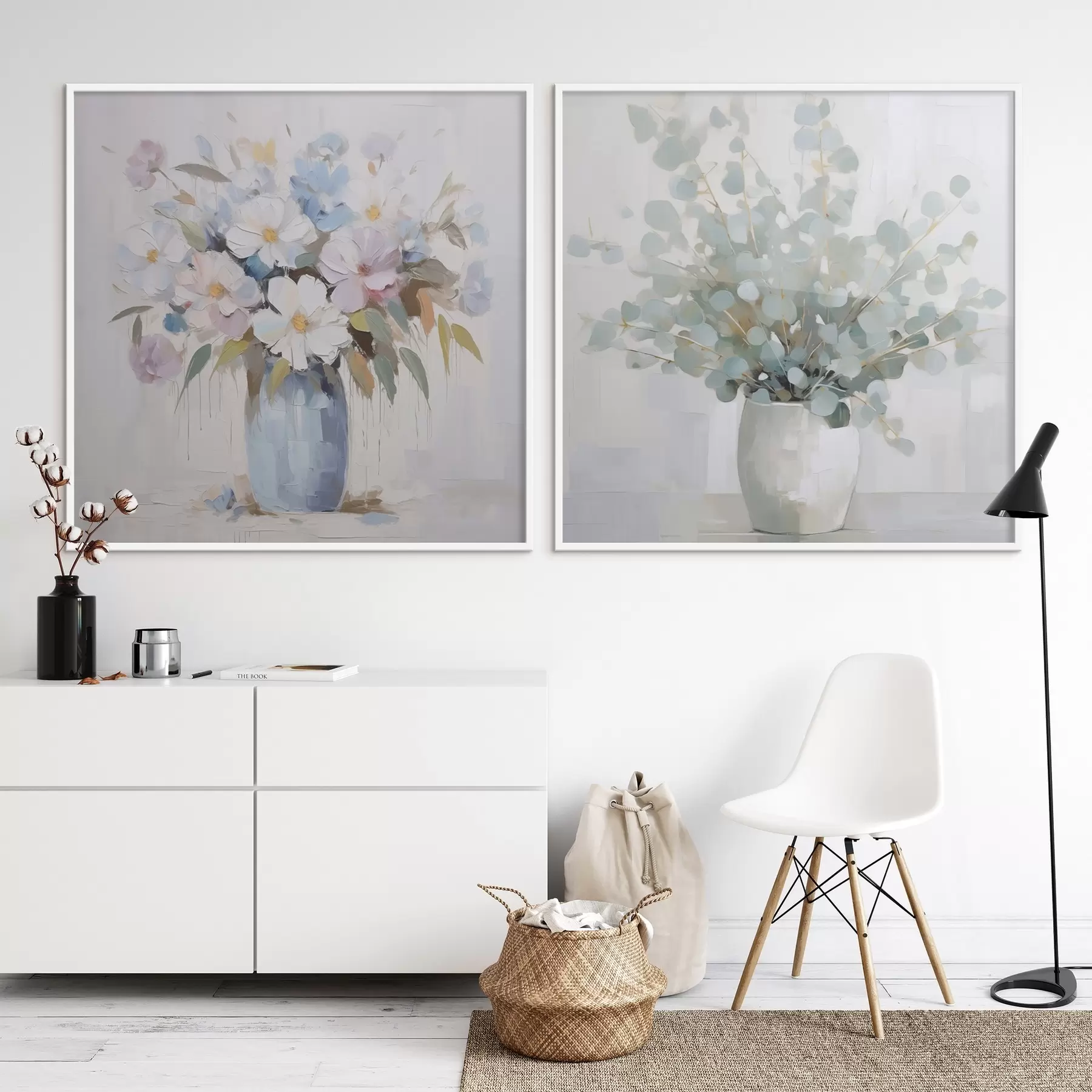 Papier peint Peinture imitation fleurs et eucalyptus d01017