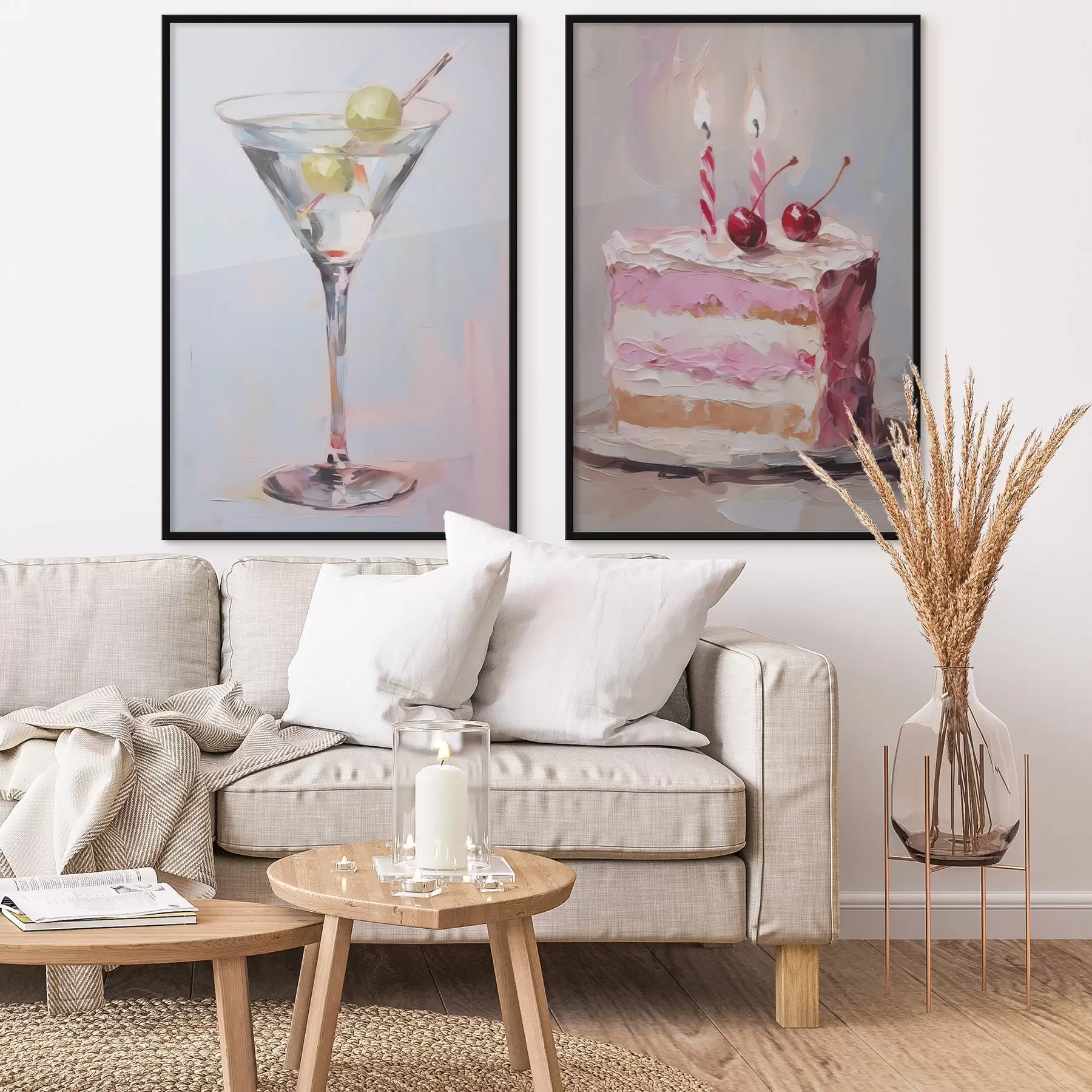 Papier peint Une peinture représentant un verre avec une boisson et un morceau de gâteau d01019