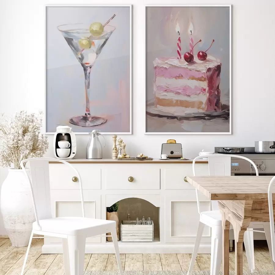 Papier peint Une peinture représentant un verre avec une boisson et un morceau de gâteau d01019