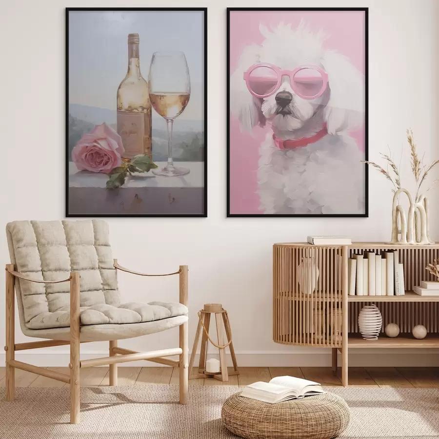 Papier peint Une bouteille, un verre de vin et un caniche portant des lunettes, peinture imitation d01021