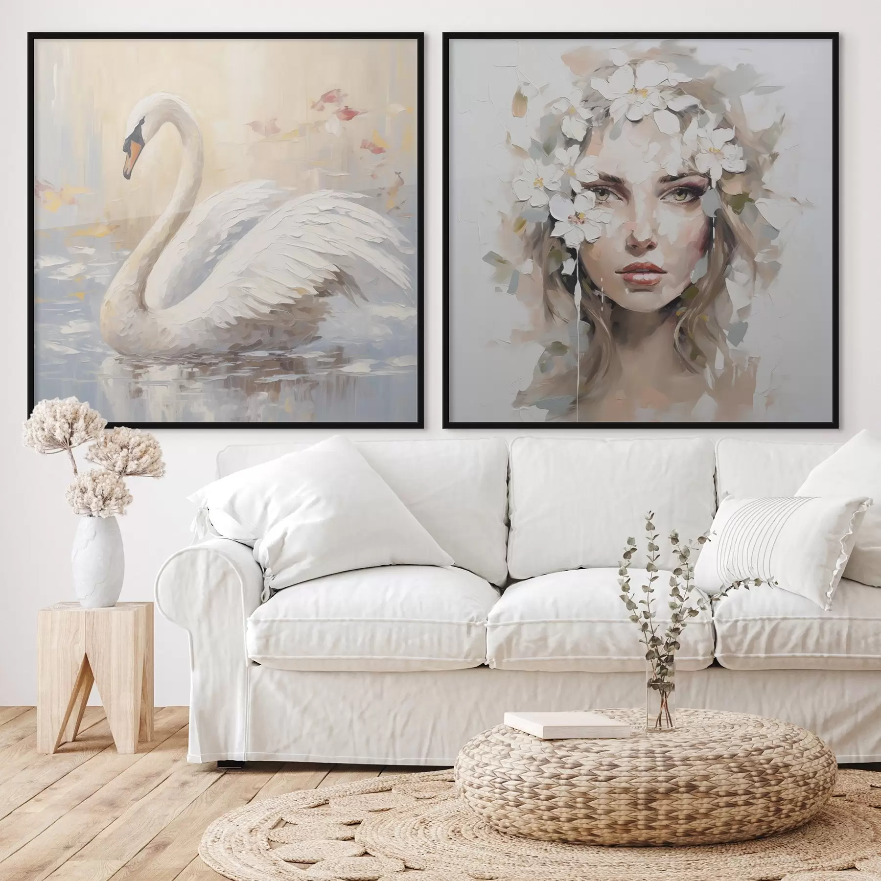 Papier peint Cygne et portrait d'une jeune fille, imitation de peinture d01030