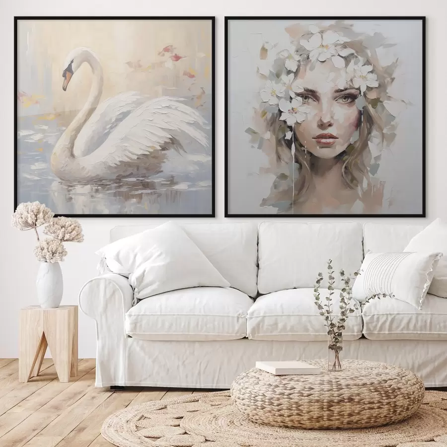 Papier peint Cygne et portrait d'une jeune fille, imitation de peinture d01030