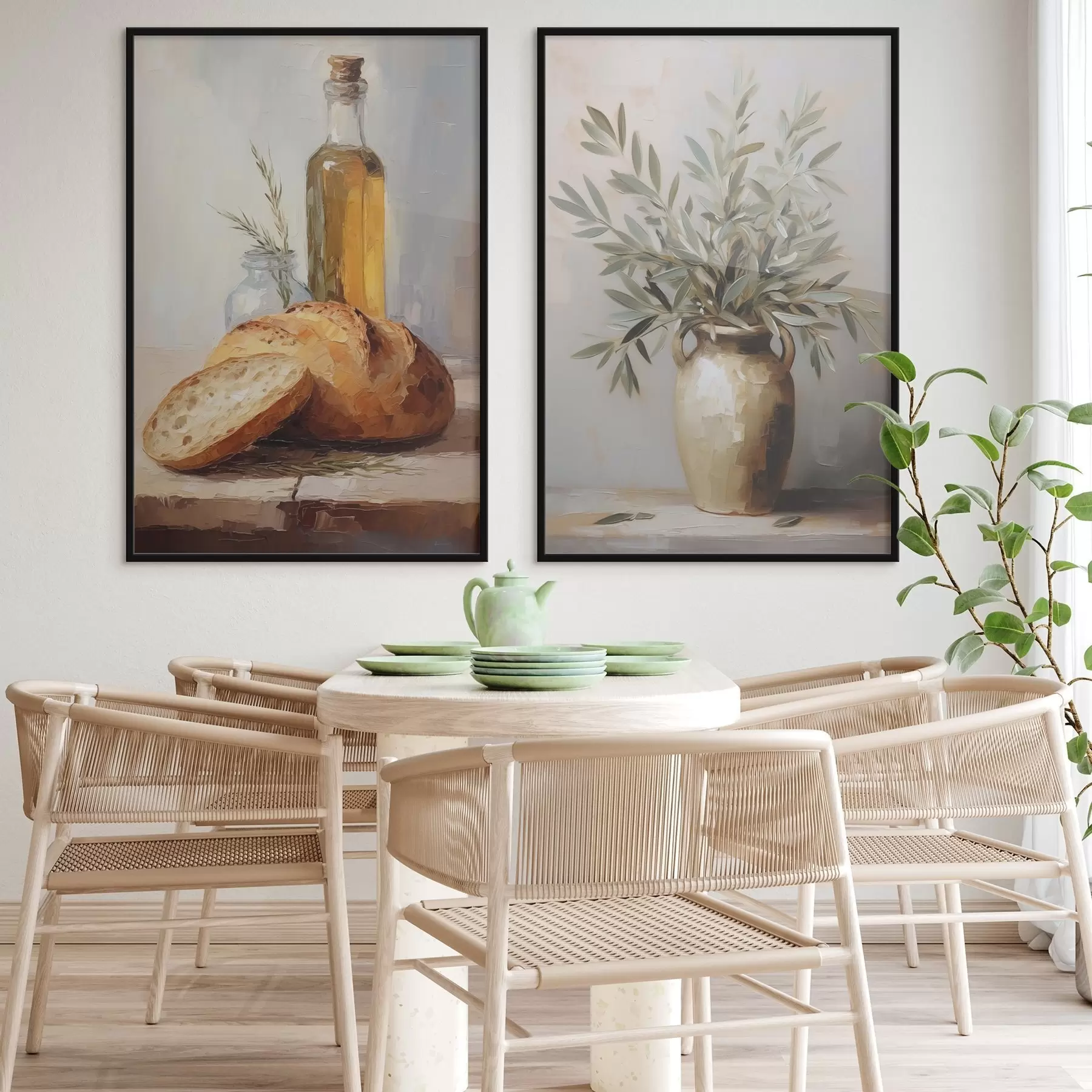 Papier peint Branches d'olivier dans un vase, pain et bouteille d'huile, imitation peinture d01035