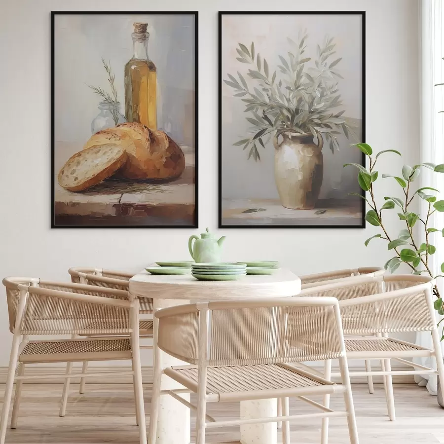 Papier peint Branches d'olivier dans un vase, pain et bouteille d'huile, imitation peinture d01035