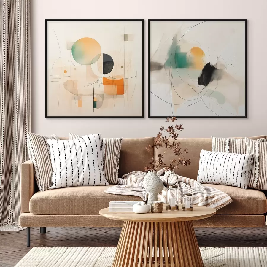 Papier peint Diptyque abstrait avec des formes circulaires et des lignes dynamiques d00981