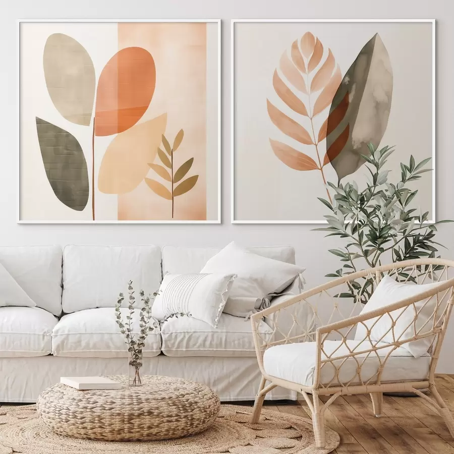 Papier peint Diptyque avec motifs botaniques dans une palette pastel d00983