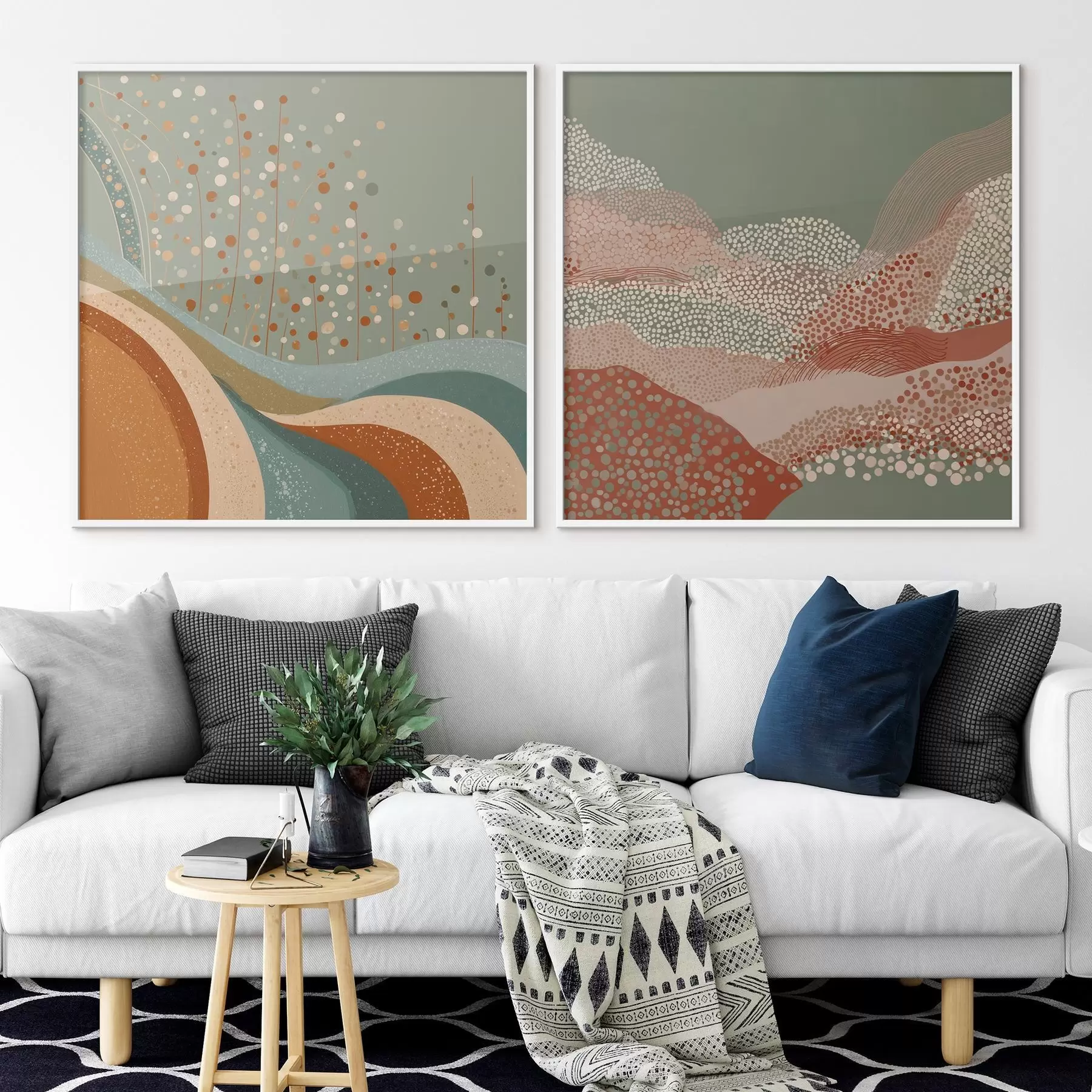 Papier peint Paysage abstrait en deux parties avec des éléments en pointillés et ondulés d00987