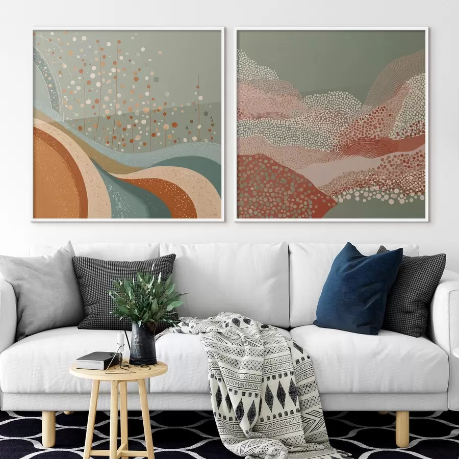 Papier peint Paysage abstrait en deux parties avec des éléments en pointillés et ondulés d00987