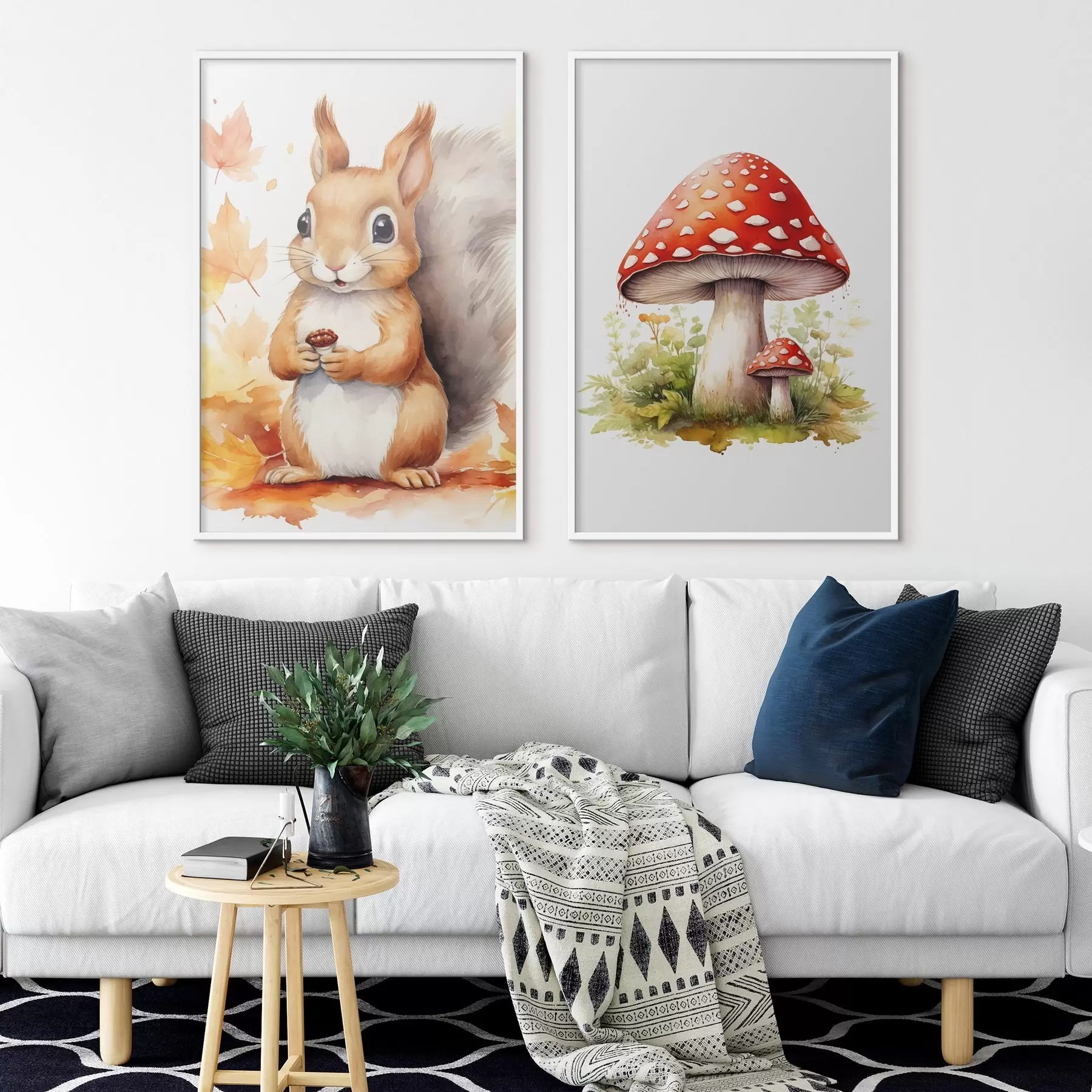 Papier peint Écureuil et champignon des bois, amanite tue-mouche, imitation aquarelle d01049