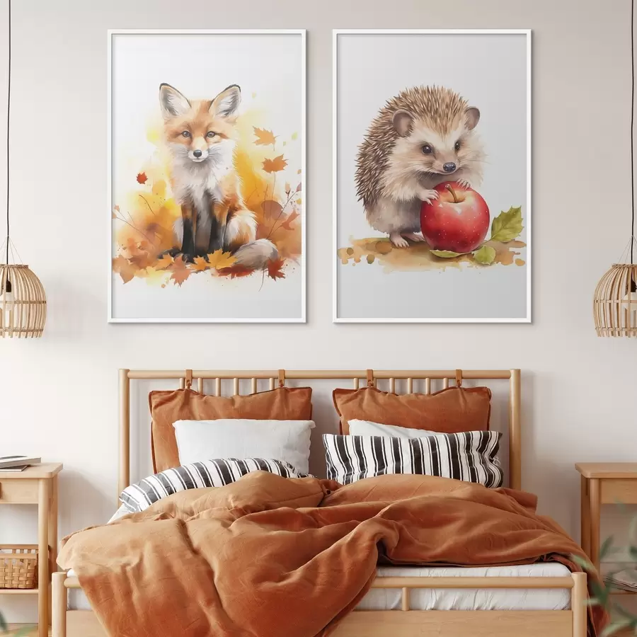 Papier peint Renard et hérisson, imitation aquarelle d01050