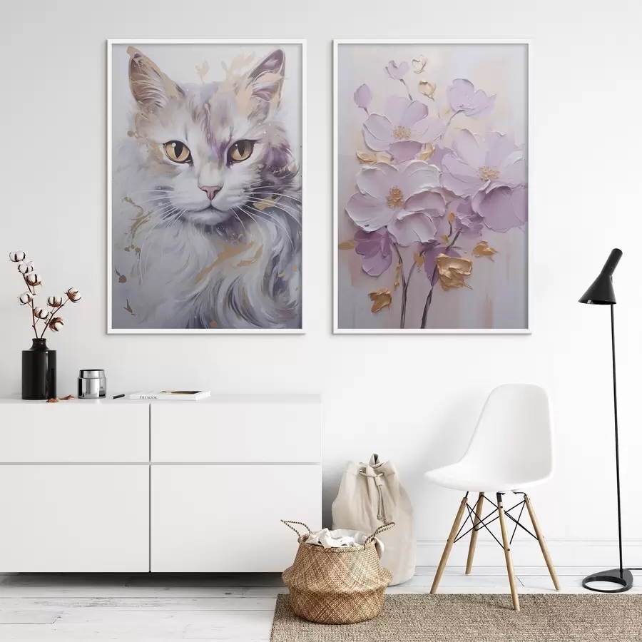 Papier peint Fleurs abstraites et un chat d01056