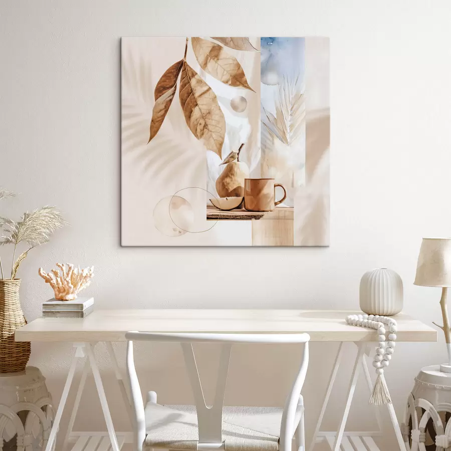 Tableau Résumé avec feuilles, poire et tasse s47047