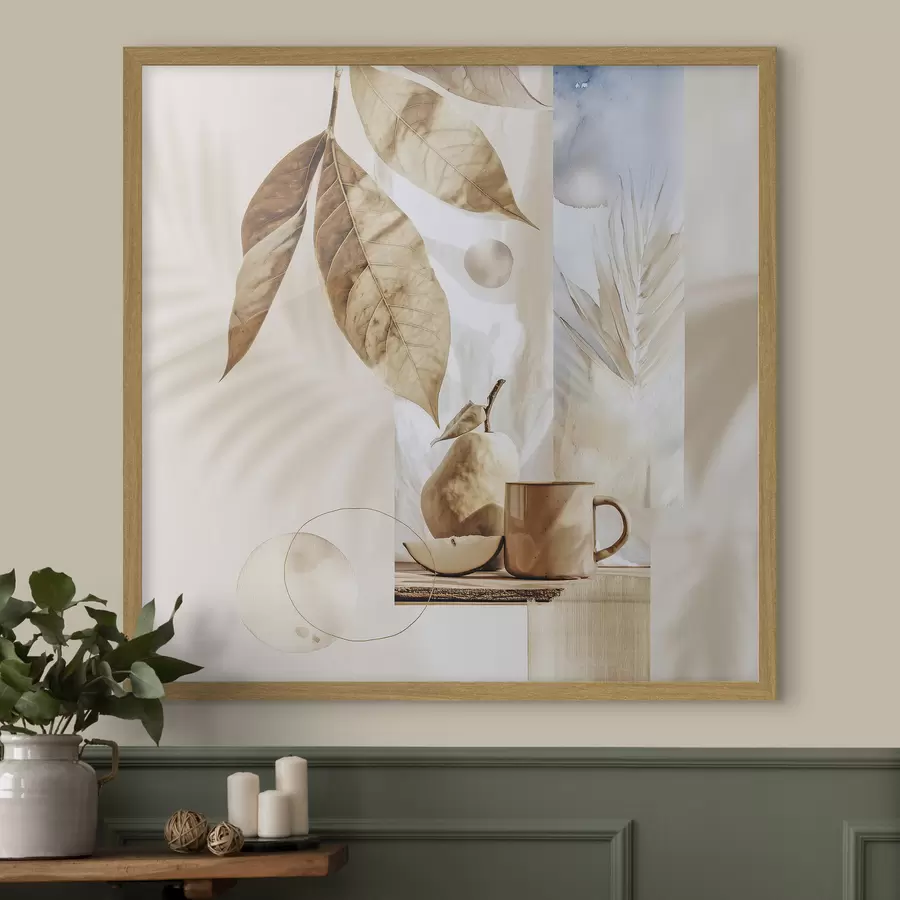 Papier peint Résumé avec feuilles, poire et tasse f47047