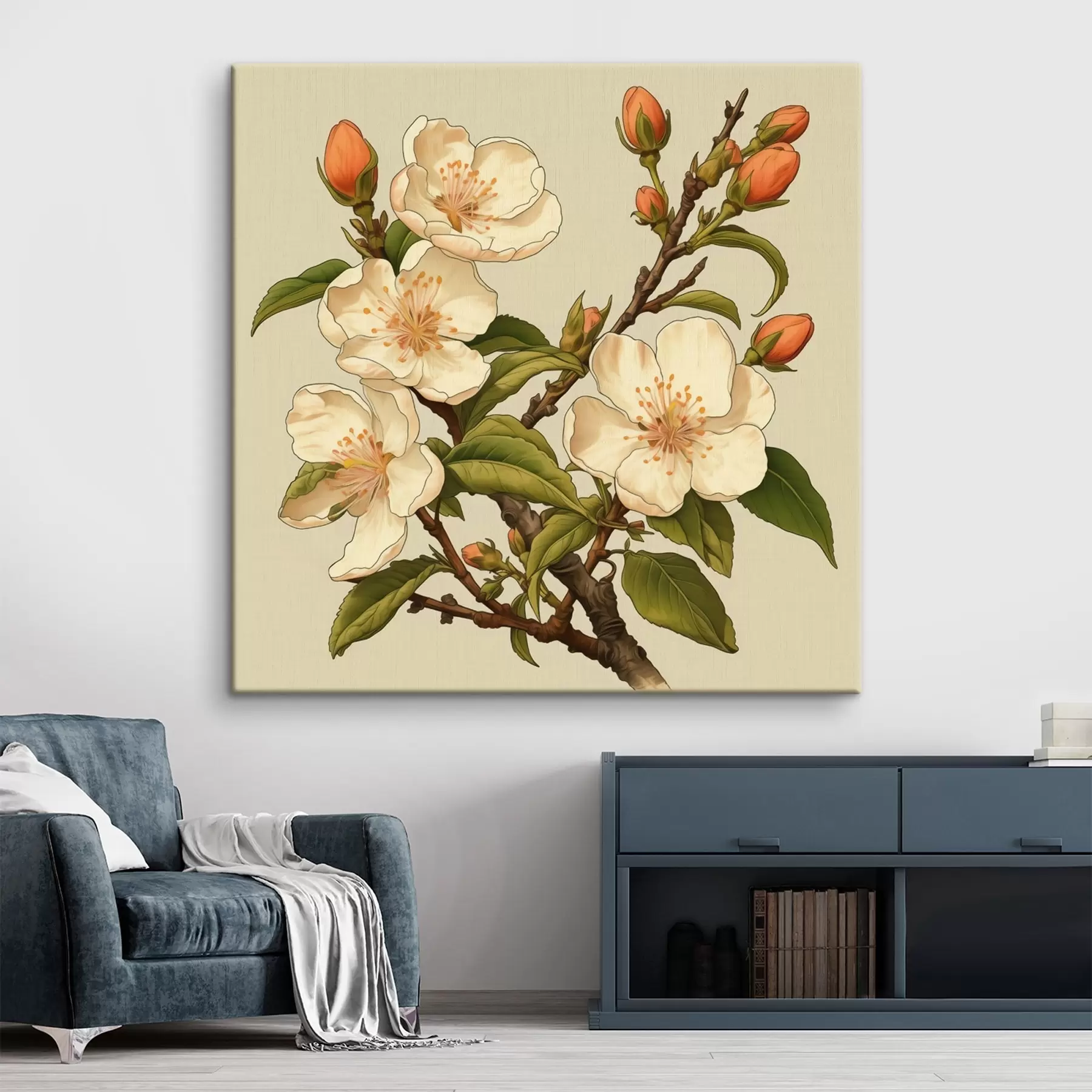 Tableau Branche fleurie avec des fleurs blanches sur fond beige dans le style d'une illustration classique s46923